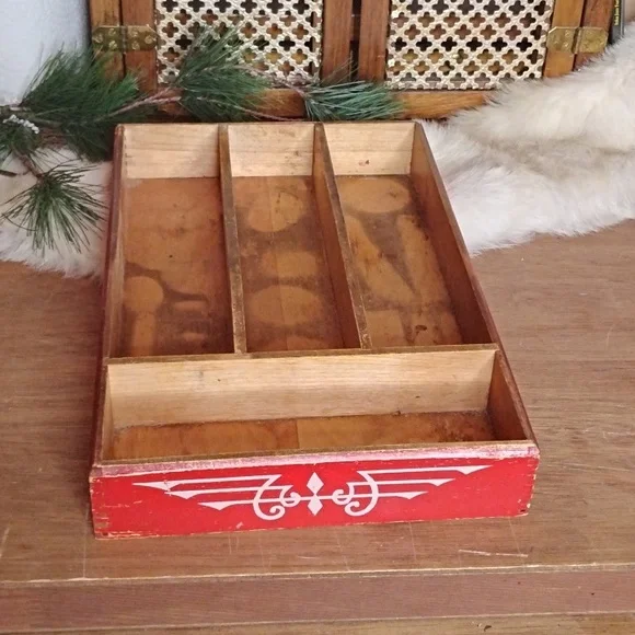 . Vintage Wooden Drawer Divider - Red & White Wood Utensil Organizer - Picture 1 of 9